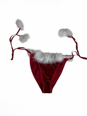 NWOT Red velvet with white feathers side waist tie panties Christmas
